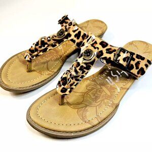 Blowfish Malibu Greco Size 8 Leopard Patent T-Strap Thong Sandals Brown Black